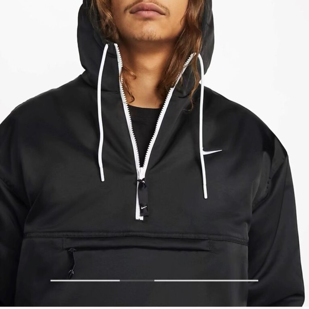 $195 Mens XL Nike Solo Swoosh Satin Black Anorak 1/2 Zip Hooded Jacket DR0839-01